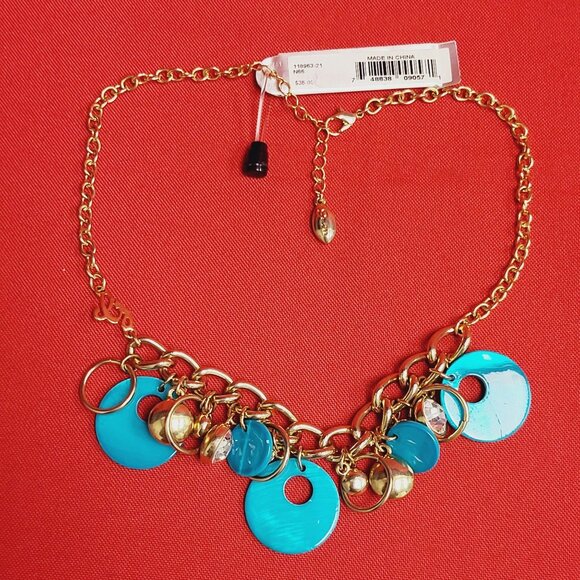 Guess Necklace Blue Teal Beads Gold Tone Clear Rhinestones - Picture 9 of 10